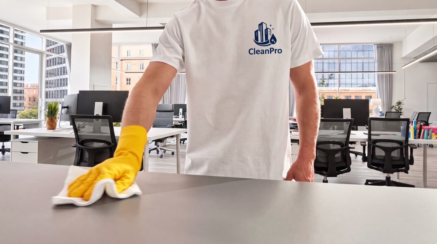 Reinigungskraft von CleanPro bei der Unterhaltsreinigung eines Büros in Hannover